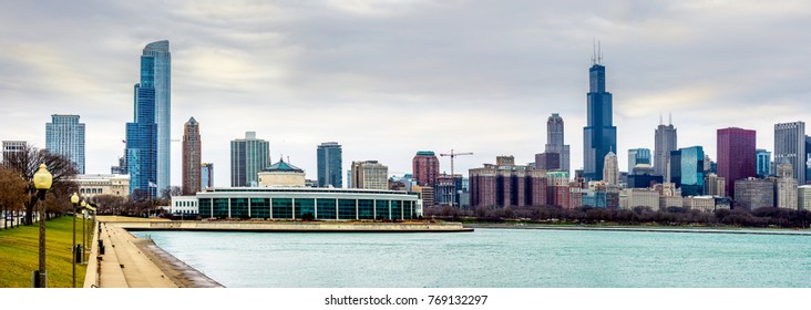 View of the Chicago Skyline from the Museum Campus - Lake Michigan shore.