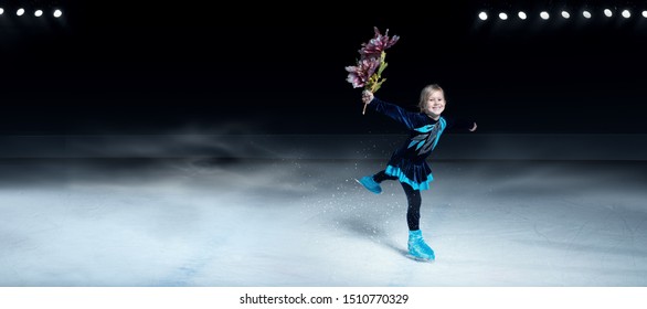 View Of Child  Figure Skater On Dark Ice Arena Background