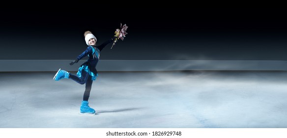 View Of Child Figure Skater On Dark Ice Arena Background