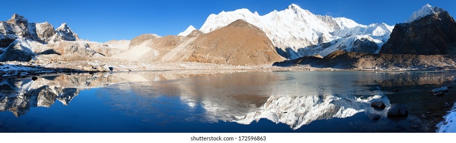 view of Cho Oyu mirroring in lake - Cho Oyu base camp - Everest trek - Nepal 