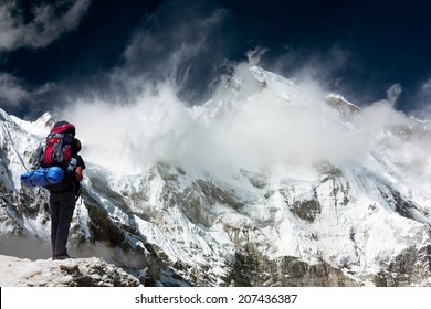 view of Cho Oyu with trekker - Khumbu valley - Nepal 