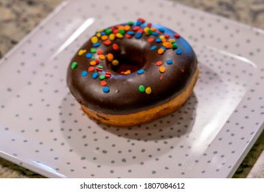 View Of Chocolate Covered Donut On White Plate With Gray Dots