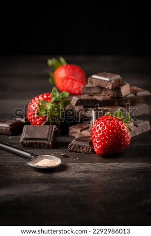 View of chocolate pieces with strawberries and spoon on dark wooden table, black background, vertical, with copy space