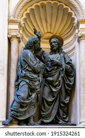 View At Christ And St. Thomas Statues By Andrea Del Verrocchio, At Orsanmichele Church Exterior In Florence, Italy