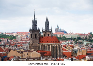A view of Church of Our Lady before Týn with St. Vitus Cathedral in the background in Prague, Czech Republic