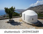 View of the Church of Prophet Elias and surrounding area in August. It