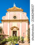 View at the Church of Santa Maria in the streets of Calvi town in Corsica, France 