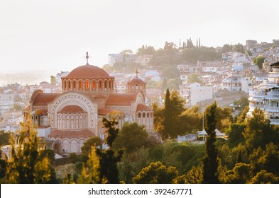 View of the Church St. Paul on top of the Thessaloniki city at sunset, Greece