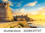 View of the city of Antibes in the sunset light, Provence, Cote d