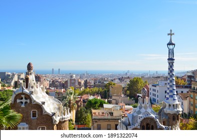 A View Of The City Of Barcelona. Famous City For The Architecture Such As Gaudí’s Park Güell. Spain.