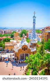 View of the city from beautiful public park Guell in Barcelona, Spain.  
