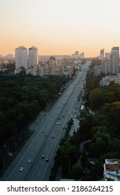 View Of The City From Bird's Eye View, Sunset. Aerial View