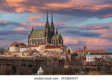 A view of the city of Brno in the Czech Republic in Europe from the viewpoint of Spilberk. The dominant feature of Brno is the Cathedral of St. Peter - Petrov. In the background is a blue sky.