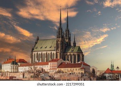 View of the city of Brno in the Czech Republic in Europe from the pilberk viewpoint. The dominant feature of Brno is the Cathedral of St. Peter - Petrov. There is a nice dramatic sky