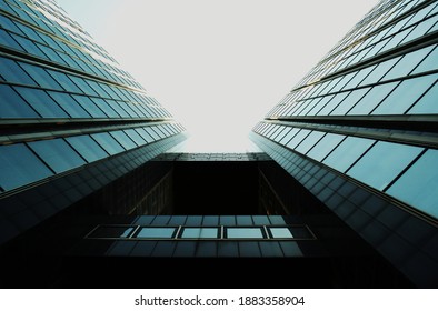View from a city buiding, glass reflection, symmetric photograph, urban