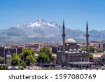 View of the city center in Kayseri and snowy mount Erciyes