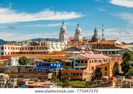 View to the city center with old houses and Basilica of Our Lady of the Assumption, Santiago de Cuba, Cuba