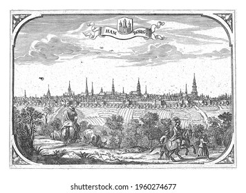 View of the city of Hamburg from a meadow outside the city.In the foreground a rider with two hunters and a shepherd with cows.In the center the coat of arms and a banderole with the name of the city