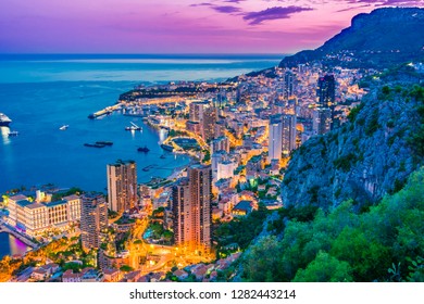 View Of The City Of Monaco On French Riviera After Sunset.