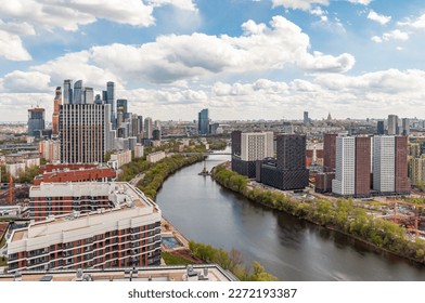 View of the city of Moscow, Moscow City, Moscow river, Yauza river, the capital of Russia from a bird's eye view. View from above. New area, building high. Urban landscape - Shutterstock ID 2272193387