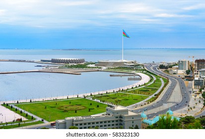 View Of The City And National Flag Square In The Evening. Baku. Azerbaijan