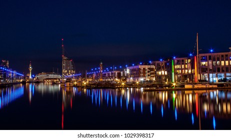 A view of a city at night.