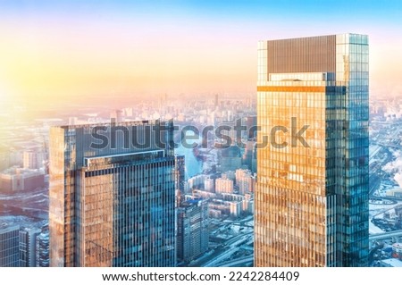 View of the city from the observation deck Panorama 360 on skyscrapers in the setting sun and the Moscow River, Moscow City Federation Tower, Moscow
 Foto d'archivio © 