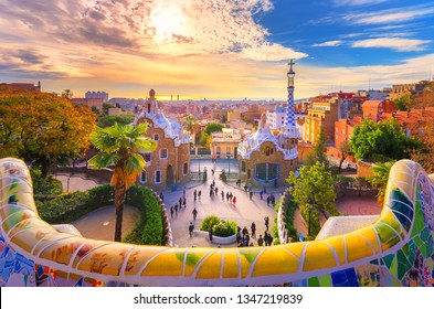 View of the city from Park Guell in Barcelona, Spain 