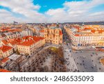 View of the city of Prague and old town square with buildings and Church of Our Lady before Tyn in the stare mesto from platform of Old Town Hall (Staromestska Radnice)