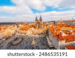 View of the city of Prague and old town square with buildings and Church of Our Lady before Tyn in the stare mesto from platform of Old Town Hall (Staromestska Radnice)