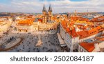 View of the city of Prague and old town square with buildings and Church of Our Lady before Tyn in the stare mesto from platform of Old Town Hall (Staromestska Radnice)