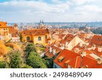 View of the city Prague and the Vltava river with Charles bridge  from prague castle, hradcany in Prague, Czech Republic.