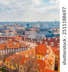 View of the city Prague and the Vltava river with Charles bridge  from prague castle, hradcany in Prague, Czech Republic.