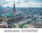 View of the city skyline, town hall(Hamburg Rathaus) and main square, Hamburg, Germany