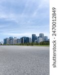 A view of the city with skyscrapers, a park, and people walking against the blue sky. Tokyo