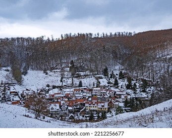 View Of The City Of Stolberg In The Harz Mountains In Winter Snow, Germany
