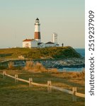 View of cliffs and Montauk Point Lighthouse, in Montauk, The Hamptons, New York