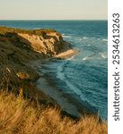 View of cliffs and the ocean from Bluff Lookout at Camp Hero State Park, Montauk, New York