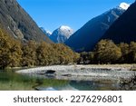 View of the Clinton river along the Milford track, New Zealand South Island . Milford Track is known as the most beautiful walk in the world.
