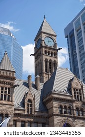 A view of the clock tower on the Old City Hall located in Nathan Phillips Square