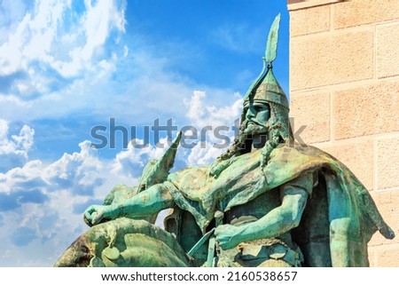 View closeup of the statue Arpad at the bottom of the column of the Millennium Monument at the Heroes' Square in Budapest, Hungary