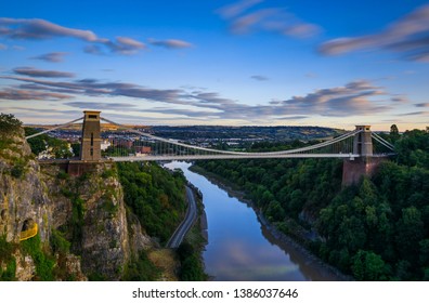 View of clouds moving over the Clifton Suspension Bridge at dusk