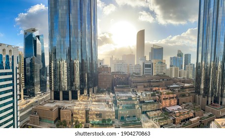 View of a cloudy day in a modern city | Downtown Abu Dhabi landmarks, World Trade Center Towers at sunset
- Abu Dhabi, UAE, January 22, 2020