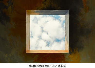 view of the cloudy sky through a square skylight