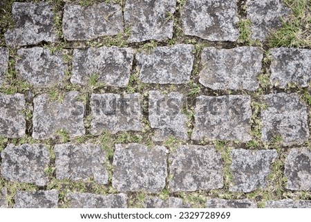Up view of cobblestone street texture. Irregular shapes of cobblestone road, abstract background of old cobblestone pavement close-up.

