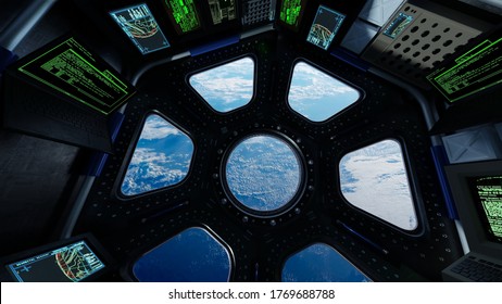 View From Cockpit International Space Station Through Porthole Nearby Of Planet Earth. Concept Of Exploration And Research, Rocket Launching. 