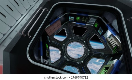 View From Cockpit International Space Station Through Porthole Nearby Of Planet Earth. Concept Of Exploration And Research, Rocket Launching. 