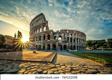 View Of Colloseum At Sunrise, Italy.