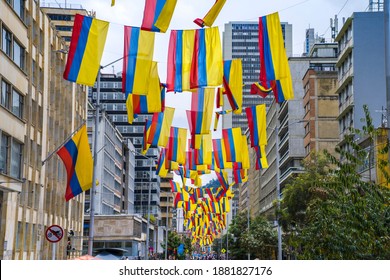 View Of Colombian Flags In Middle Of The Street At Bogota Colombia