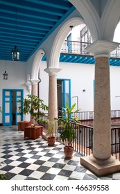  A View Of Colonial Building Interior With Tropical Flowers, Old Havana , Cuba